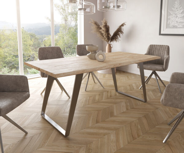 Jedálenský stôl Edge 180x90 Akácia Champagne Nerezová oceľ Skosená hrana Live-Edge
