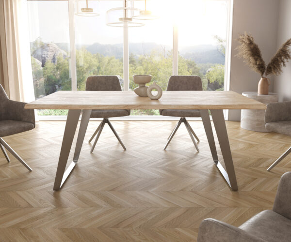 Jedálenský stôl Edge 180x90 Akácia Champagne Nerezová oceľ Skosená hrana Live-Edge - Image 2