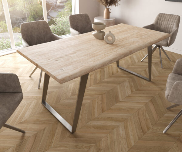 Jedálenský stôl Edge 180x90 Akácia Champagne Nerezová oceľ Skosená hrana Live-Edge - Image 4