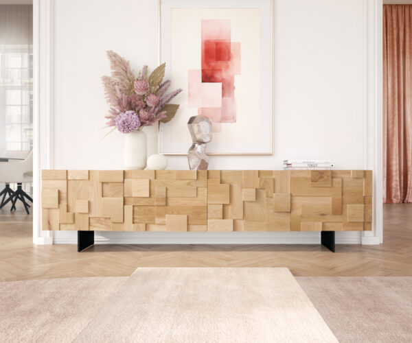 TV stolík Puzzle 220x35x55 cm prírodný dub 4 dvierka kov čierna - Image 2