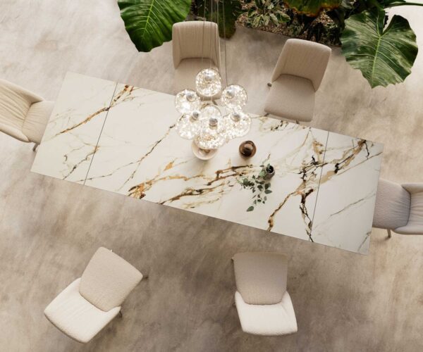 Jedálenský stôl Edge 200-300x100 keramický Calacatta Luxe bielo-zlato-šedá vlna podstavca z nerezovej ocele skladací - Image 6