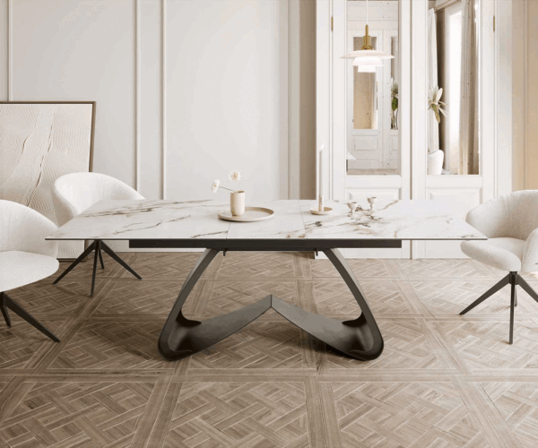 Jedálenský stôl Edge 180-220x90 keramický Calacatta Luxe bielo-zlato-šedý "W" v tvare titánovej sklápacej základne - Image 2