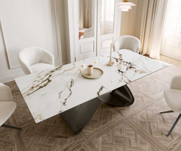Jedálenský stôl Edge 180-220x90 keramický Calacatta Luxe bielo-zlato-šedý "W" v tvare titánovej sklápacej základne - Image 6