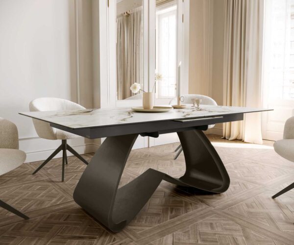 Jedálenský stôl Edge 180-220x90 keramický Calacatta Luxe bielo-zlato-šedý "W" v tvare titánovej sklápacej základne - Image 7