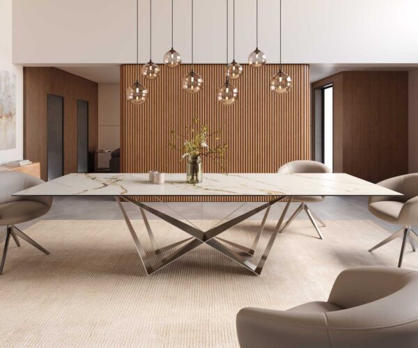 Jedálenský stôl Edge 300x100 keramický Calacatta Luxe bielo-zlato-šedý krížová podnož plochá nerezová oceľ - Image 2