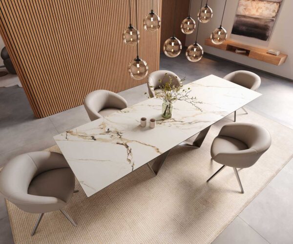 Jedálenský stôl Edge 300x100 keramický Calacatta Luxe bielo-zlato-šedý krížová podnož plochá nerezová oceľ - Image 6