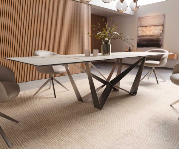 Jedálenský stôl Edge 300x100 keramický Calacatta Luxe bielo-zlato-šedý krížová podnož plochá nerezová oceľ - Image 7