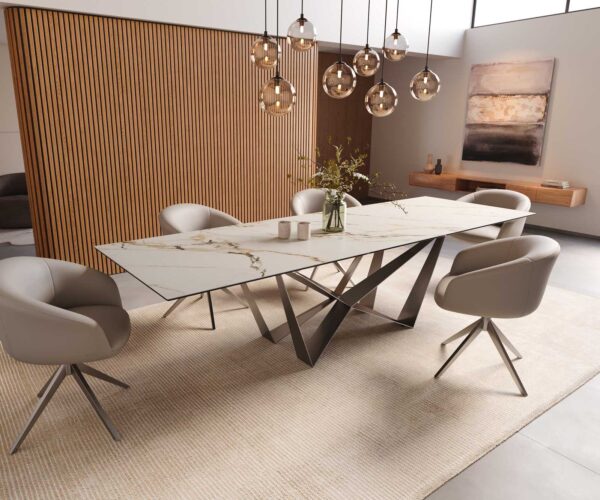 Jedálenský stôl Edge 300x100 keramický Calacatta Luxe bielo-zlato-šedý krížová podnož plochá nerezová oceľ - Image 8