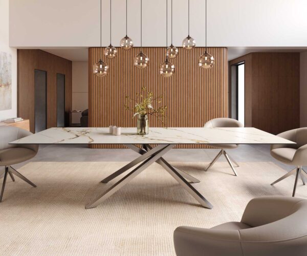 Jedálenský stôl Edge 300x100 keramický Calacatta Luxe bielo-zlato-šedý krížová podnož štvorcová z nehrdzavejúcej ocele - Image 2