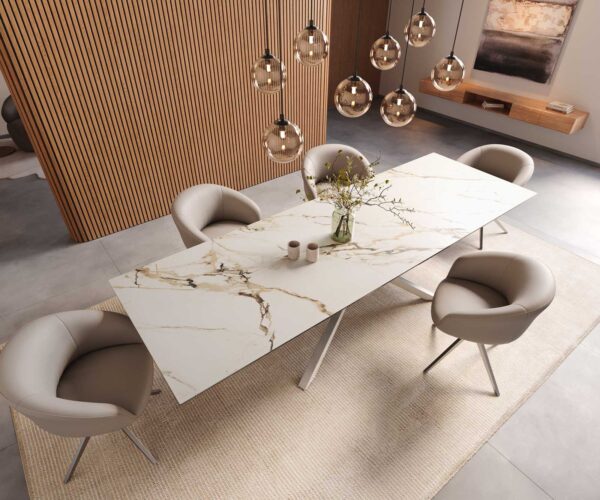 Jedálenský stôl Edge 300x100 keramický Calacatta Luxe bielo-zlato-šedý krížová podnož štvorcová z nehrdzavejúcej ocele - Image 6