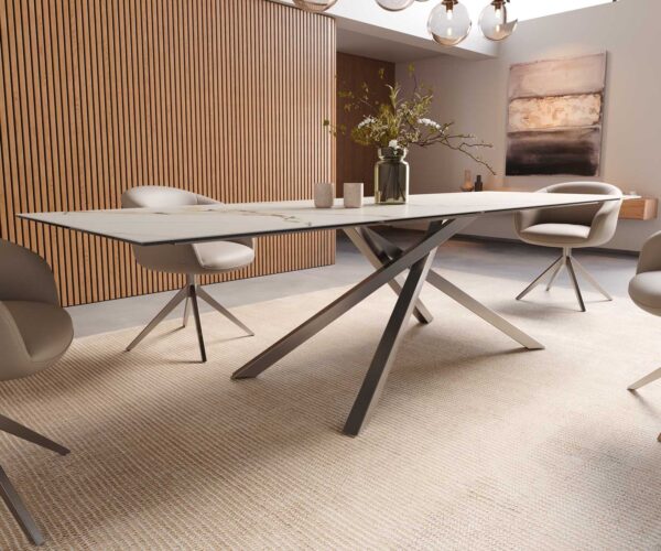 Jedálenský stôl Edge 300x100 keramický Calacatta Luxe bielo-zlato-šedý krížová podnož štvorcová z nehrdzavejúcej ocele - Image 7