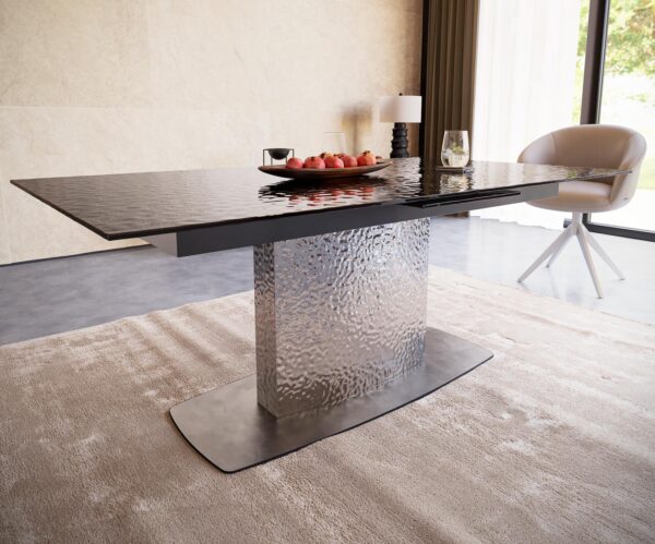 Jedálenský stôl Edge 180-220x100 reliéfne sklo dymovo čierne 3D dizajn Vlnová základňa z nehrdzavejúcej ocele skladací - Image 5