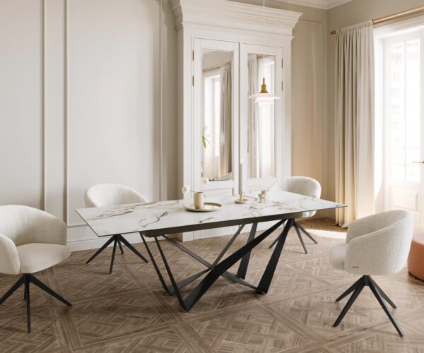 Jedálenský stôl Edge 180-220x100 keramický Calacatta Luxe bielo-zlatý sivý krížový podstavec plochý oceľový čierny skladací - Image 7