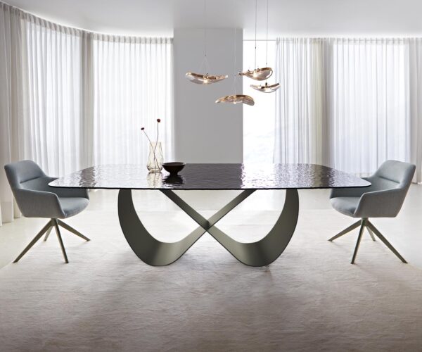 Jedálenský stôl Edge oválny 240x120 reliéfne sklo dymovo čierny 3D dizajn Infinity kovová podnož titánová - Image 2