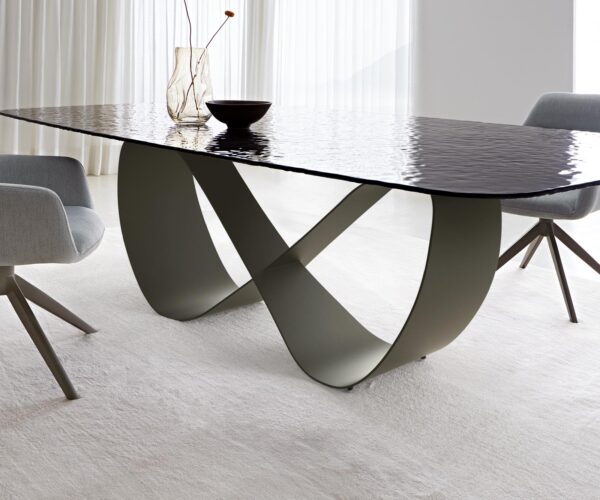 Jedálenský stôl Edge oválny 240x120 reliéfne sklo dymovo čierny 3D dizajn Infinity kovová podnož titánová - Image 5