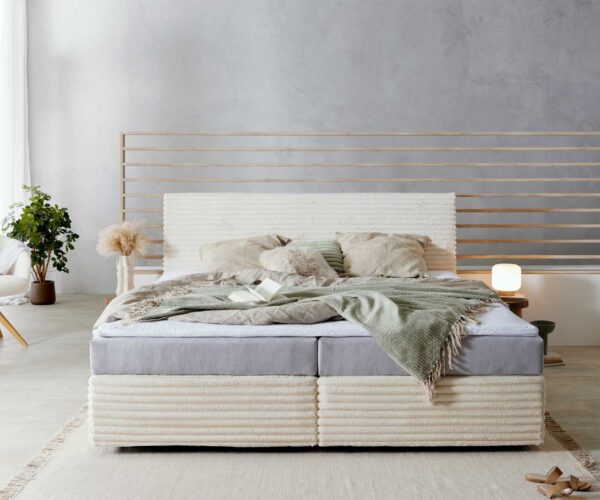Boxspringová posteľ Dream-Well plyšový manšestr béžová 200x200 cm s taštičkovým pružinovým matracom a visco topperom - Image 2