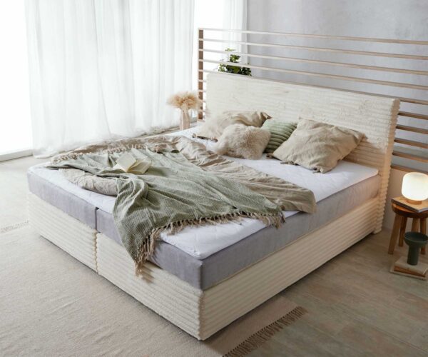 Boxspringová posteľ Dream-Well plyšový manšestr béžová 200x200 cm s taštičkovým pružinovým matracom a visco topperom - Image 4