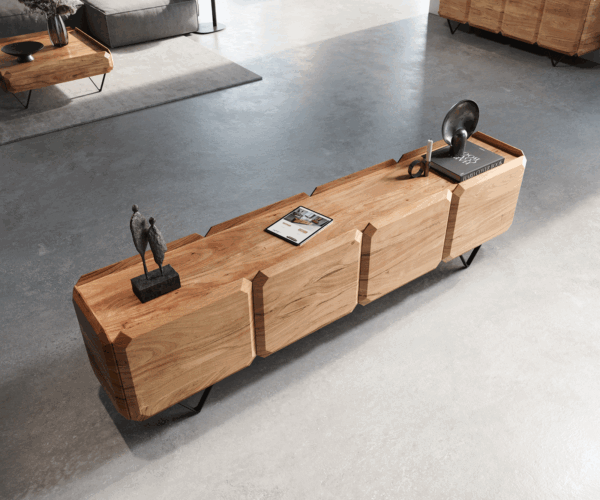 Kiano TV stolík 220 cm prírodná akácia 4 dvierka podstavec v tvare V čierny obojstranný - Image 4