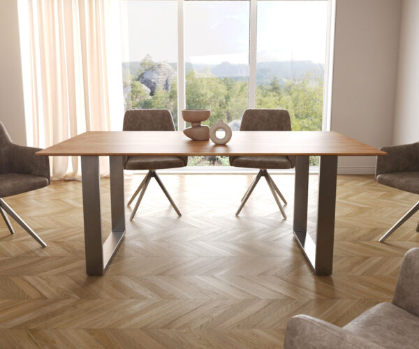 Hranatý jedálenský stôl 180x90 prírodná akácia nerezová oceľ úzka švajčiarska hrana - Image 2