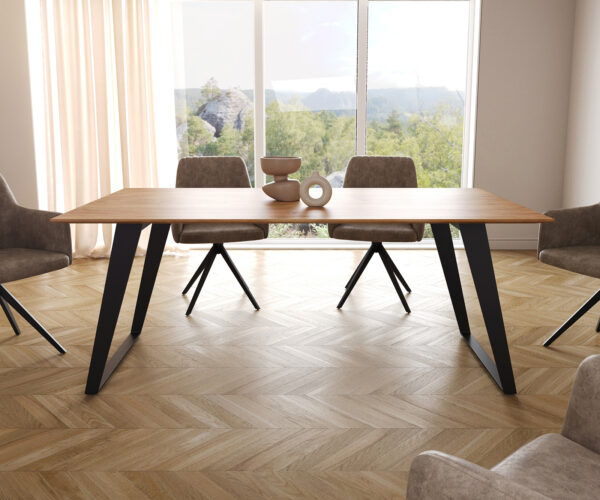 Hranatý jedálenský stôl 180x90 prírodná akácia kovová skosená čierna švajčiarska hrana - Image 2