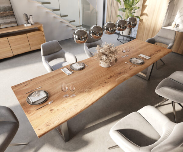 Jedálenský stôl Edge 300x100 prírodná akácia nerezová oceľ široká podnož - Image 5