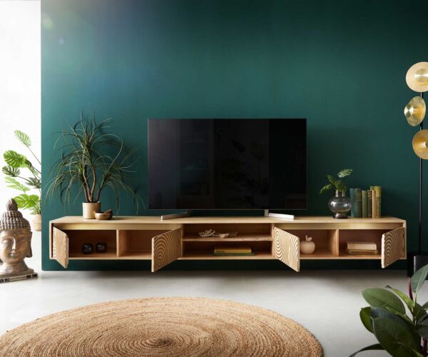 TV stolík Budaya mango prírodný 260 cm 4 dvierka 2 priehradky na zavesenie - Image 4