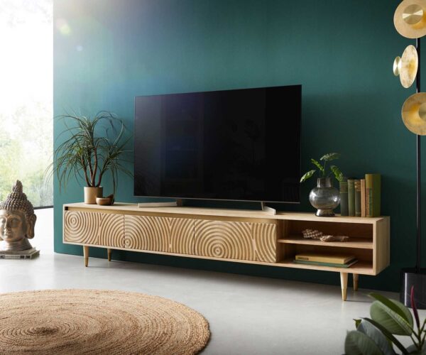 TV stolík Budaya mango prírodný 220 cm 3 dvierka 2 priehradky okrúhla základňa