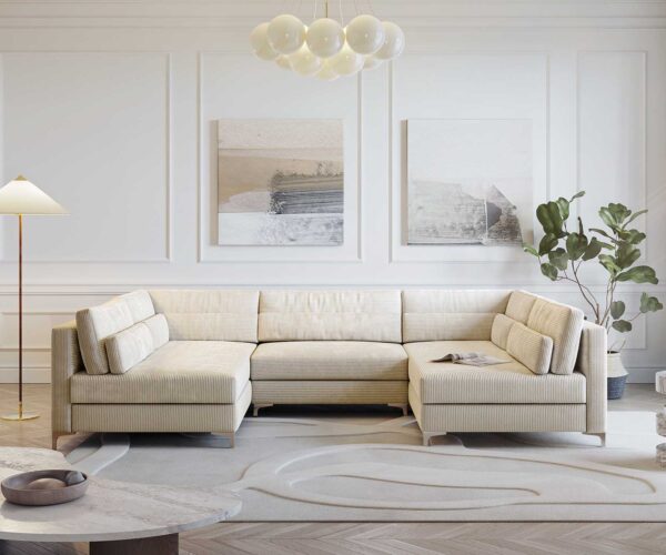 Pohovka v tvare U Elio 300x185 cm manšestrová béžová s taburetkou - Image 2