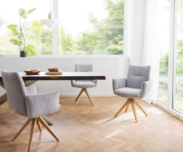 Otočná stolička Jova-Flex s podrúčkami drevená základňa štvorcový manšestr strieborno-sivá 180° taštičkové pružiny - Image 6