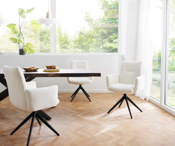 Jova-Flex otočná stolička s podrúčkami krížová základňa široká kovová čierna bouclé biela 180° taštičkové pružiny - Image 6