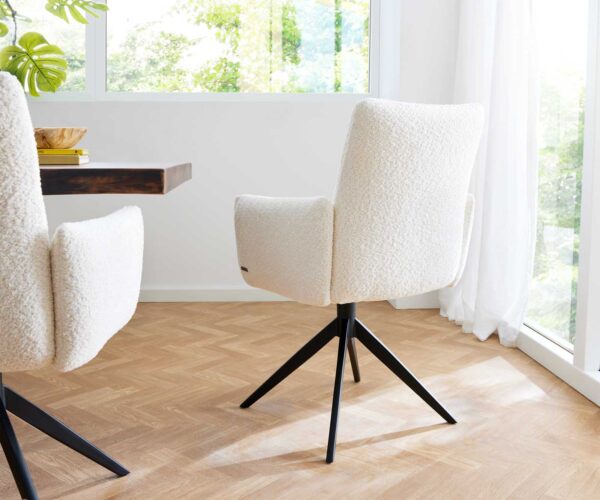 Jova-Flex otočná stolička s podrúčkami krížová základňa široká kovová čierna bouclé biela 180° taštičkové pružiny - Image 3