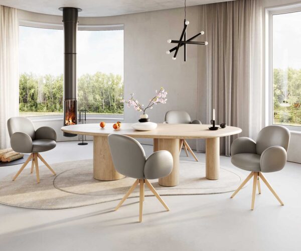 Otočné kreslo Nube-Flex s podrúčkami drevený podstavec štvorcový pravá koža sivý 180° vreckové pružiny - Image 5
