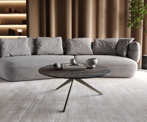 Konferenčný stolík Delron 90x90 cm keramický krížový podstavec Laminam®Noir Desir hnedý plochý kov s titánovým efektom - Image 2