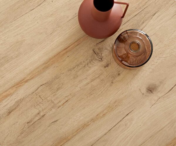 Konferenčný stolík Ekrem 85x35 cm keramický krížový podstavec Laminam® Sabbia v dubovej farbe okrúhly nerez - Image 7