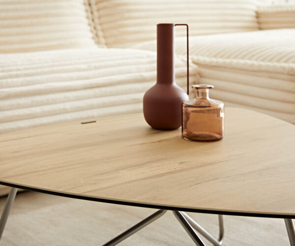 Konferenčný stolík Ekrem 85x35 cm keramický krížový podstavec Laminam® Sabbia v dubovej farbe okrúhly nerez - Image 6