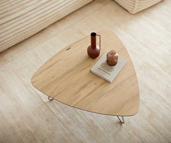 Konferenčný stolík Ekrem 85x35 cm keramický krížový podstavec Laminam® Sabbia v dubovej farbe okrúhly nerez - Image 5