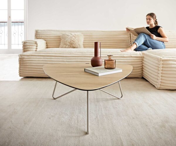 Konferenčný stolík Ekrem 85x35 cm keramický krížový podstavec Laminam® Sabbia v dubovej farbe okrúhly nerez - Image 2