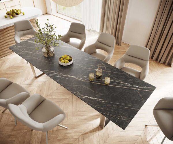 Jedálenský stôl Edge 300x100 cm keramický Laminam® Noir Desir hnedý úzka podnož z nerezovej ocele - Image 4