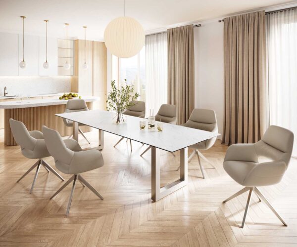 Jedálenský stôl Edge 300x100 cm keramický Laminam® Statuarettio biely široký podstavec z nerezovej ocele - Image 6