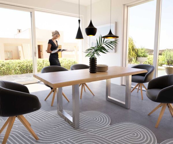 Jedálenský stôl Edge-Pure 200x100 cm prírodný dub široká podnož nerezová oceľ