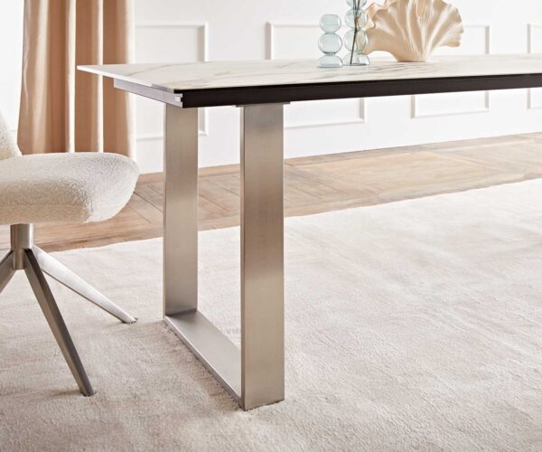 Jedálenský stôl Edge 200x100 keramický Calacatta Luxe bielo-zlato-šedý nerezový úzky - Image 7