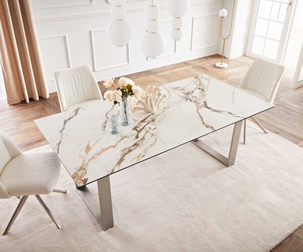 Jedálenský stôl Edge 200x100 keramický Calacatta Luxe bielo-zlato-šedý nerezový úzky - Image 6