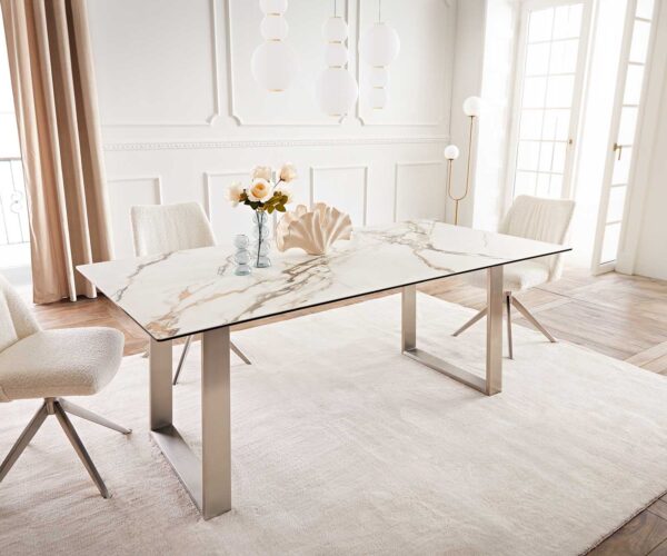 Jedálenský stôl Edge 200x100 keramický Calacatta Luxe bielo-zlato-šedý nerezový úzky - Image 2