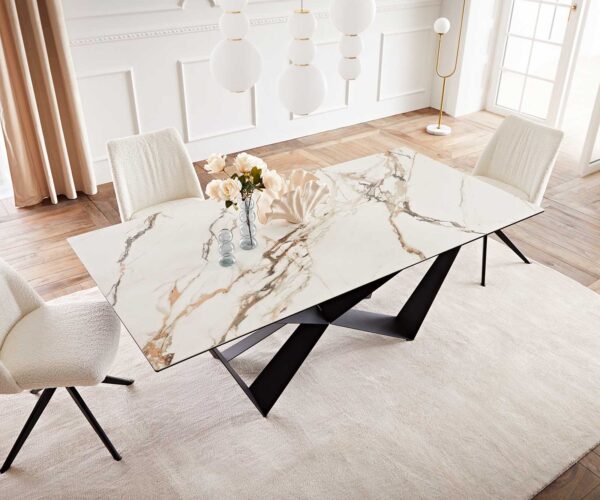 Jedálenský stôl Edge 200x100 keramický Calacatta Luxe bielo-zlato-šedý krížový podstavec plochý čierny - Image 6