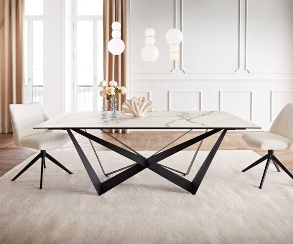 Jedálenský stôl Edge 200x100 keramický Calacatta Luxe bielo-zlato-šedý krížový podstavec plochý čierny - Image 2