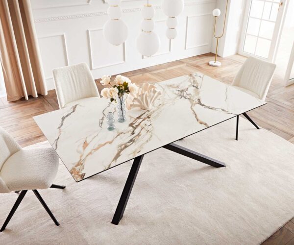 Jedálenský stôl Edge 200x100 keramický Calacatta Luxe bielo-zlato-šedý krížová podnož štvorcová čierna - Image 6