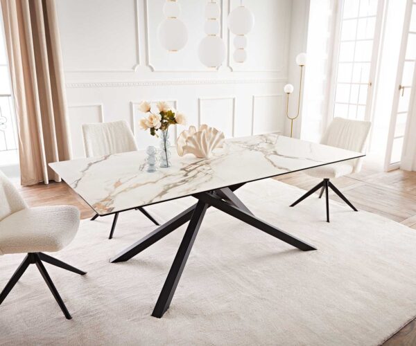 Jedálenský stôl Edge 200x100 keramický Calacatta Luxe bielo-zlato-šedý krížová podnož štvorcová čierna - Image 2