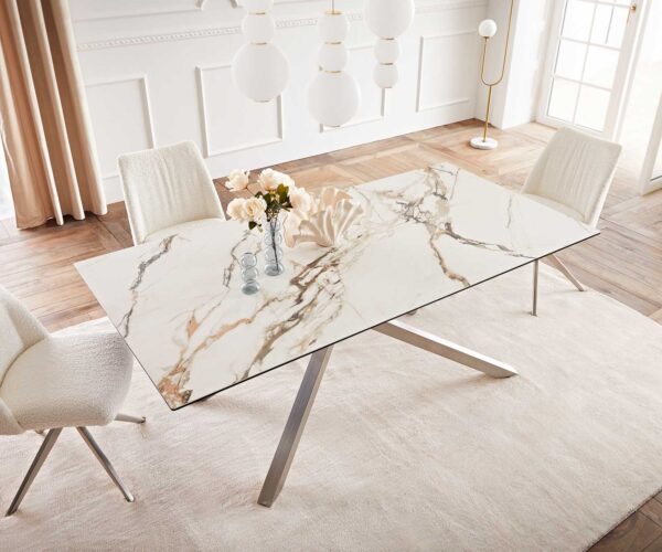Jedálenský stôl Edge 200x100 keramický Calacatta Luxe bielo-zlato-šedý krížová podnož štvorcová z nehrdzavejúcej ocele - Image 6
