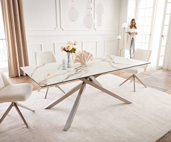 Jedálenský stôl Edge 200x100 keramický Calacatta Luxe bielo-zlato-šedý krížová podnož štvorcová z nehrdzavejúcej ocele - Image 2