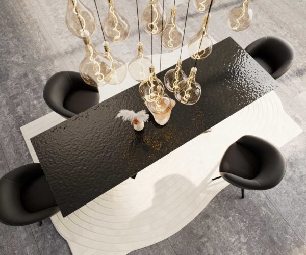 Jedálenský stôl Edge 300x100 reliéfne sklo dymová čierna 3D dizajn krížová podstava obdĺžnik čierna - Image 5